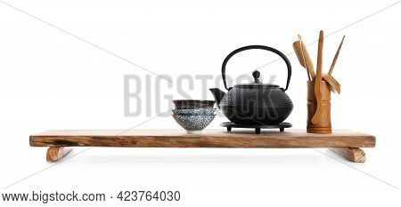 Beautiful Set For Traditional Tea Ceremony On White Background