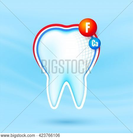 Healthy Strong Tooth With Calcium And Fluor Sheild. White Teeth Being Protected. Dental Care.