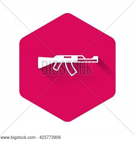 White Submachine Gun Icon Isolated With Long Shadow Background. Kalashnikov Or Ak47. Pink Hexagon Bu