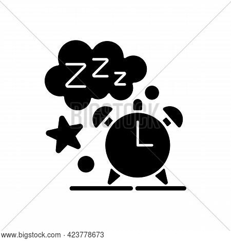 Sleep Time Black Glyph Icon. Alarm Clock. Watch Dial With Nighttime. Countdown To Morning Wake Up. N