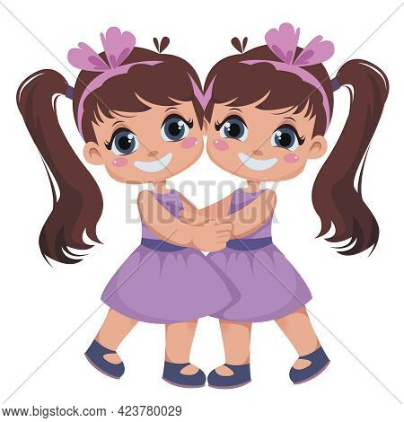 Two Girls Are Twins. Sisters Embrace. Kids On Holiday. International Day Of Hugs. Vector Illustratio