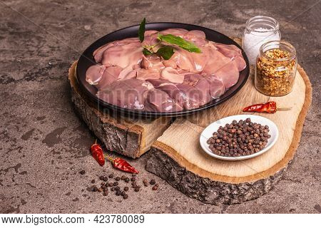 Raw Chicken Liver With Spice Set Ready For Cooking