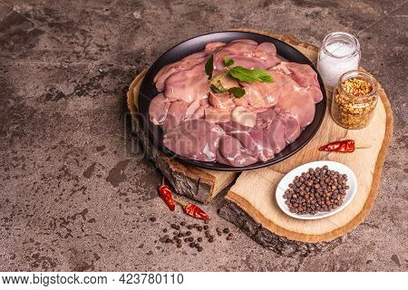 Raw Chicken Liver With Spice Set Ready For Cooking