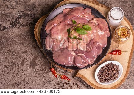 Raw Chicken Liver With Spice Set Ready For Cooking