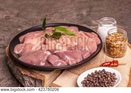 Raw Chicken Liver With Spice Set Ready For Cooking