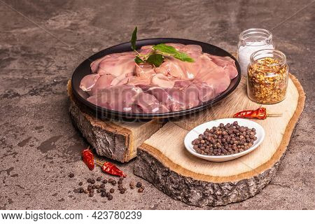Raw Chicken Liver With Spice Set Ready For Cooking