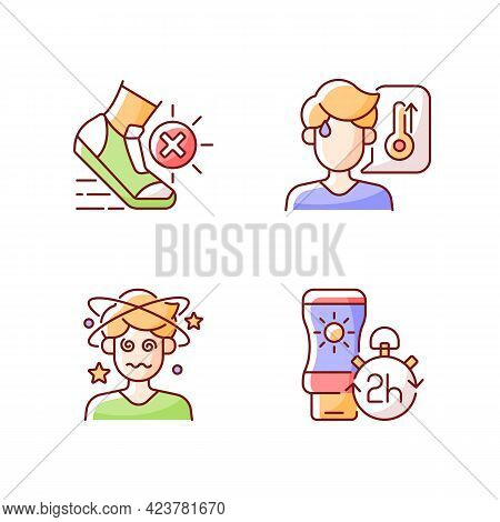 Heatstroke Prevention Rgb Color Icons Set. Avoid Exercising During Summer Heatwave. Apply Sunscreen.