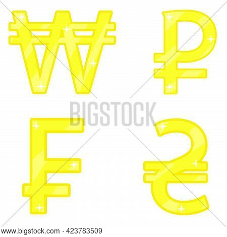 World Currency Set Of Golden Symbols Won, Ruble, Franc, Hryvna Vector