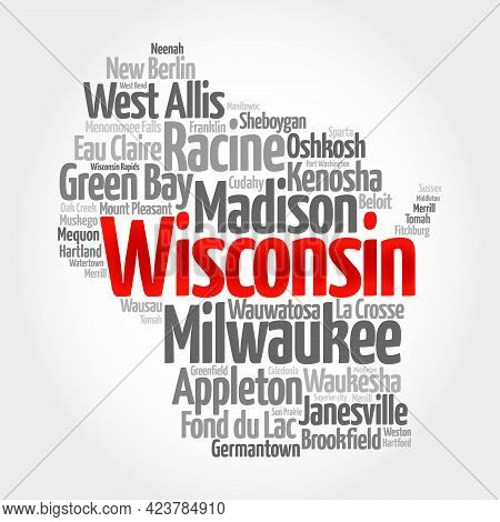 List Of Cities In Wisconsin Usa State, Map Silhouette Word Cloud, Map Concept Background
