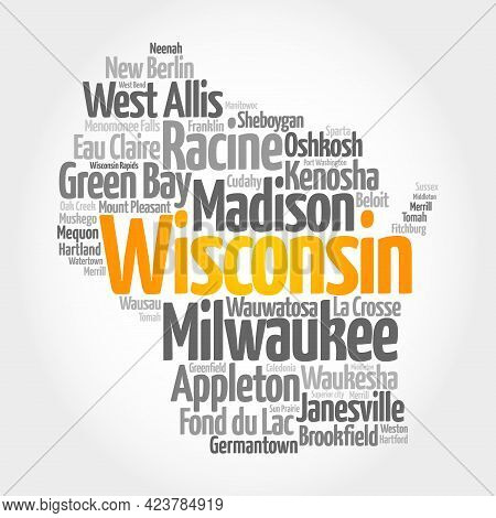 List Of Cities In Wisconsin Usa State, Map Silhouette Word Cloud, Map Concept Background