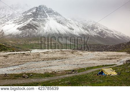 Tent in Himalayas. Lahaul Valley, Himachal Pradesh
