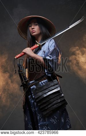 Japanese Woman Assassin With Bamboo Hat And Katana