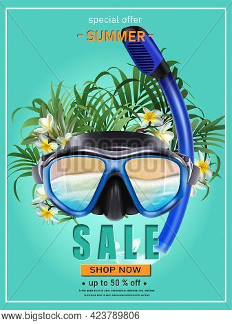 Summer Sale Background With Diving Mack And Tropical Flowers And Plants.