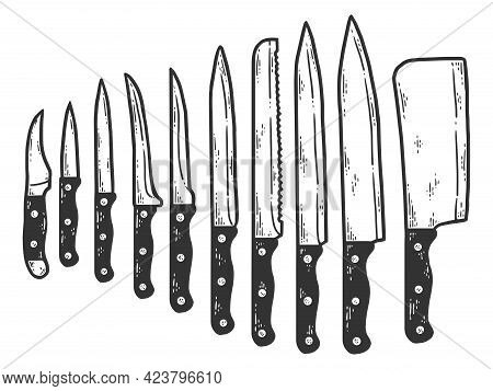 Set Of Ten Knives. Sketch Scratch Board Imitation Color.