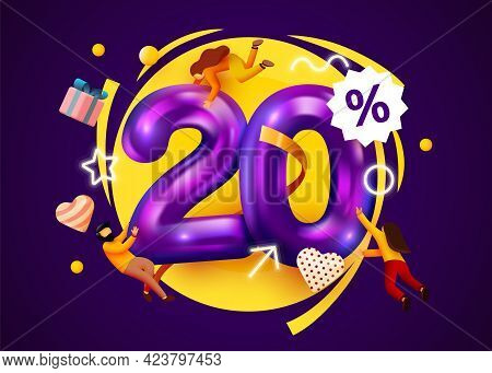 Mega Sale. 20 Percent Discount. Special Offer Background With Flying People. Promotion Poster Or Ban