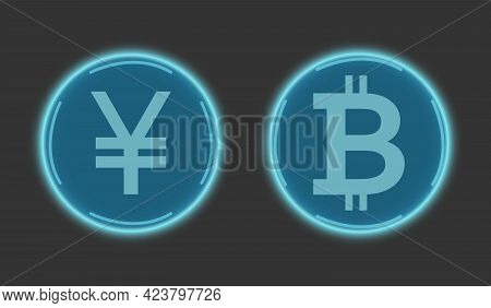 Cryptocurrency Chinese Yuan And Bitcoin In Blue On A Gray Background. Digital Currency Symbols. Glob