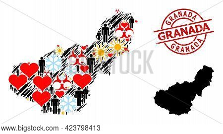 Textured Granada Seal, And Heart Man Infection Treatment Mosaic Map Of Granada Province. Red Round S