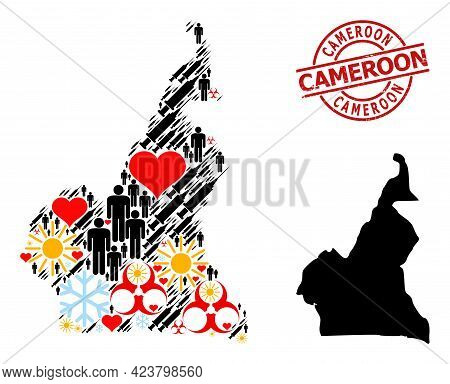 Distress Cameroon Badge, And Sunny Customers Syringe Mosaic Map Of Cameroon. Red Round Seal Contains