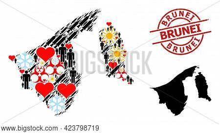 Scratched Brunei Stamp, And Spring Patients Inoculation Mosaic Map Of Brunei. Red Round Stamp Includ