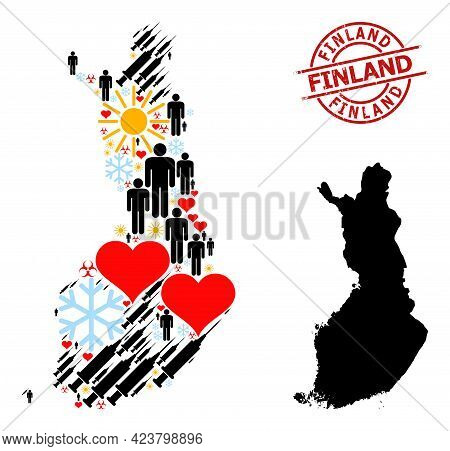 Distress Finland Stamp Seal, And Winter Customers Inoculation Collage Map Of Finland. Red Round Stam