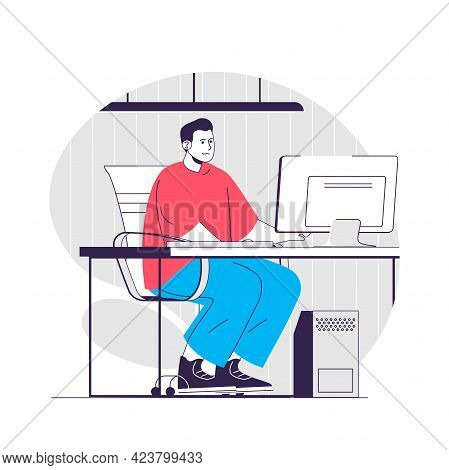 Saas Web Concept. Man Works Using Subscription Program Service. Software As A Service People Scene. 