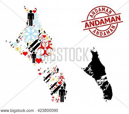 Rubber Andaman Seal, And Spring People Vaccine Mosaic Map Of Bahamas - Andros Island. Red Round Stam