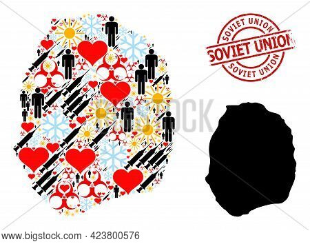 Textured Soviet Union Stamp, And Sunny People Virus Therapy Mosaic Map Of Nevis Island. Red Round St