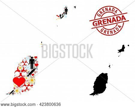 Scratched Grenada Stamp, And Heart Humans Covid-2019 Treatment Mosaic Map Of Grenada Islands. Red Ro