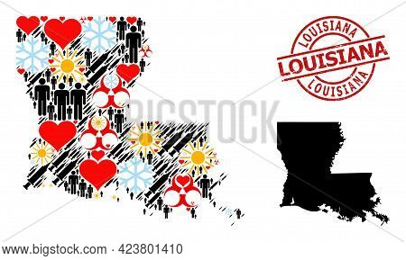 Scratched Louisiana Badge, And Heart Man Syringe Mosaic Map Of Louisiana State. Red Round Badge Cont