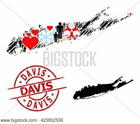 Scratched Davis Stamp, And Winter Demographics Vaccine Mosaic Map Of Long Island. Red Round Badge Co