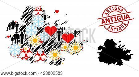 Grunge Antigua Stamp, And Winter Men Inoculation Collage Map Of Antigua Island. Red Round Stamp Has 