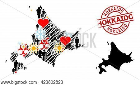 Textured Hokkaido Stamp Seal, And Lovely Demographics Syringe Mosaic Map Of Hokkaido Island. Red Rou