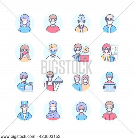 People In Face Masks - Modern Line Design Style Icons Set