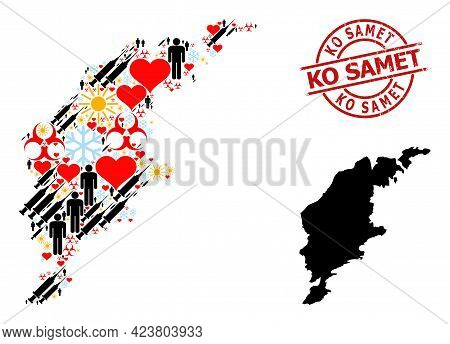 Scratched Ko Samet Stamp Seal, And Winter Humans Syringe Collage Map Of Gotland Island. Red Round St