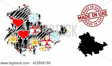 Grunge Made In Uae Stamp Seal, And Heart Man Vaccine Mosaic Map Of Thuringia State. Red Round Stamp 