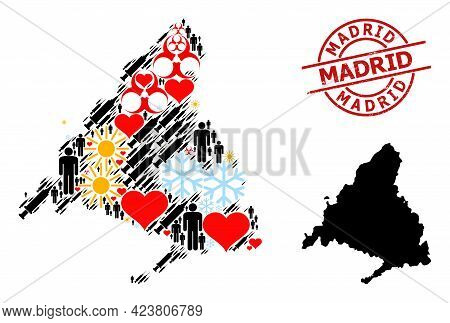 Rubber Madrid Seal, And Heart Humans Inoculation Collage Map Of Madrid Province. Red Round Stamp Sea