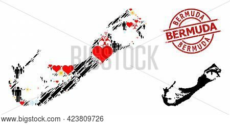 Distress Bermuda Stamp, And Heart Humans Vaccine Collage Map Of Bermuda Islands. Red Round Stamp Inc