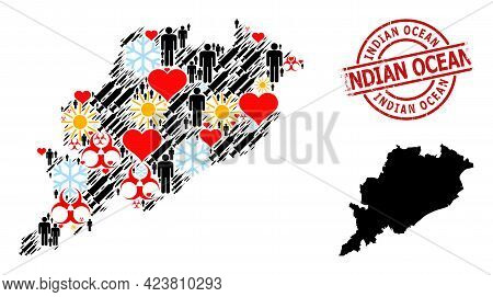 Scratched Indian Ocean Badge, And Spring Population Syringe Collage Map Of Odisha State. Red Round B