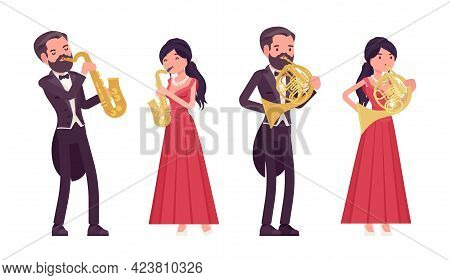 Musician, Man, Woman Playing Saxophone, Professional Wind Instruments. Classical Music Event, Concer