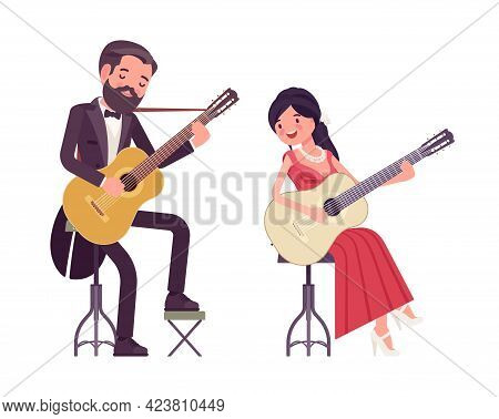 Musician, Man, Woman Playing Professional Banjo, Guitar, String Instruments. Classical Music Event, 