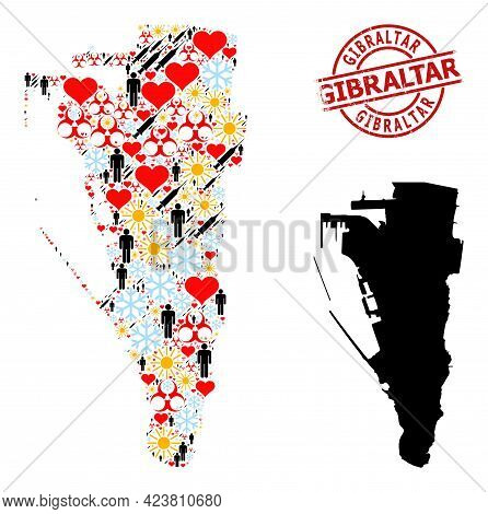 Scratched Gibraltar Seal, And Heart Population Inoculation Mosaic Map Of Gibraltar. Red Round Stamp 