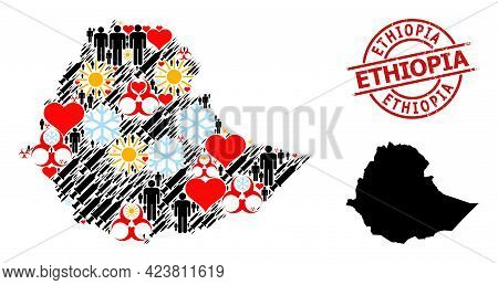Distress Ethiopia Seal, And Lovely Men Covid-2019 Treatment Collage Map Of Ethiopia. Red Round Stamp