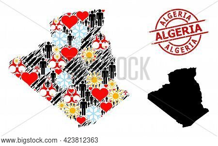 Grunge Algeria Stamp, And Heart People Covid-2019 Treatment Collage Map Of Algeria. Red Round Stamp 