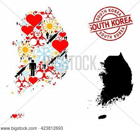 Scratched South Korea Stamp, And Spring Demographics Syringe Mosaic Map Of South Korea. Red Round St