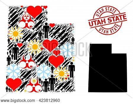Grunge Utah State Badge, And Winter Humans Inoculation Mosaic Map Of Utah State. Red Round Badge Has