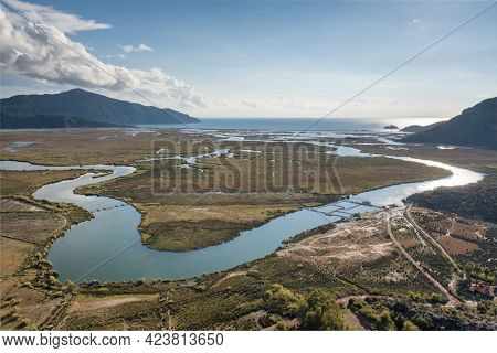 Dalyan river delta, Iztuzu beach and the surrounding mountains in Dalyan, Mugla Province, Turkey