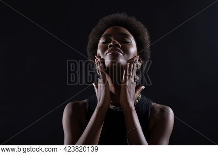 Close Up Portrait Of Young African American Black Woman Doing Facebuilding Yoga Face Gymnastics Yoga