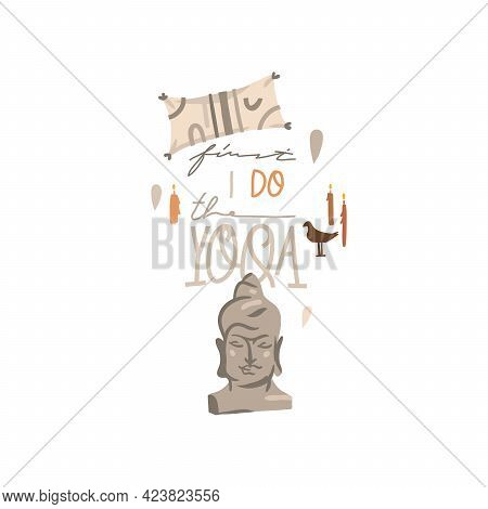 Hand Drawn Vector Abstract Stock Graphic Bohemian Clipart Illustration With Young Beauty Buddha Head