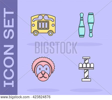 Set Attraction Carousel, Circus Wagon, Wild Lion And Bowling Pin Icon. Vector