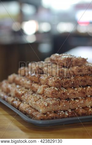 A Pile Of Traditional Oriental Delicacy - Baclava On The Marketplace. Selective Focus